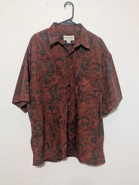 Johari West Abstract Batik Short Sleeve Button Up Shirt Mens 2XL Red Rust Gray